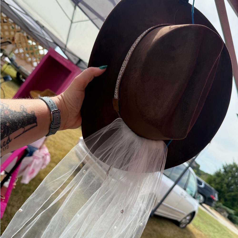 Brown Suede Hat with Veil! Pearl accents!